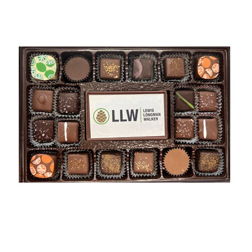 Open 20-piece chocolate gift box with custom chocolate bar 